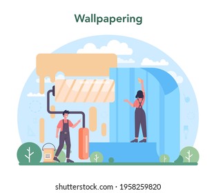 Wall papering. Worker gluing wallpapers on the wall. Professional worker