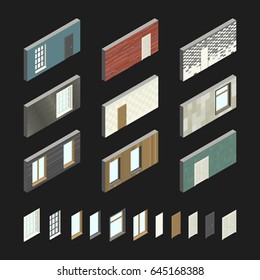 Wall patterns with doors and windows in isometric view. Vector set with different wall covering.