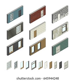Wall patterns with doors and windows in isometric view.Vector illustration of set with different wall covering.