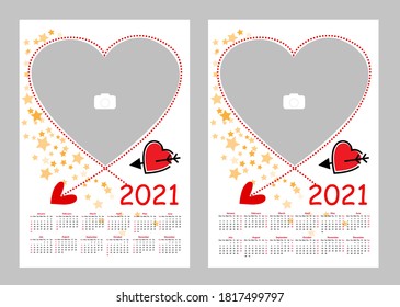 Wall Photo Calendar 2021. Simple monthly verticall photo calendar Layout for 2021  in English. Full 2021 year calendar templates. Week starts from Sunday and Monday. Vector illustration