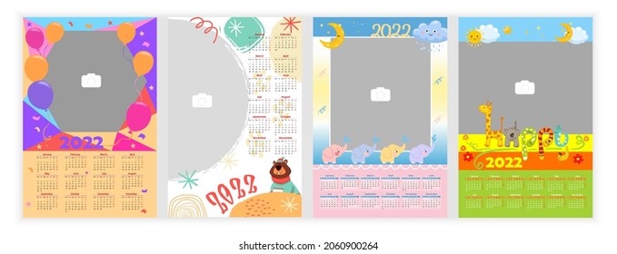 Wall Photo Calendar 2022.  Set of colorful, holiday, baby photo calendar template with cartoon characters. Calendar design 2022 year in English. Week starts from Monday. Vector illustration