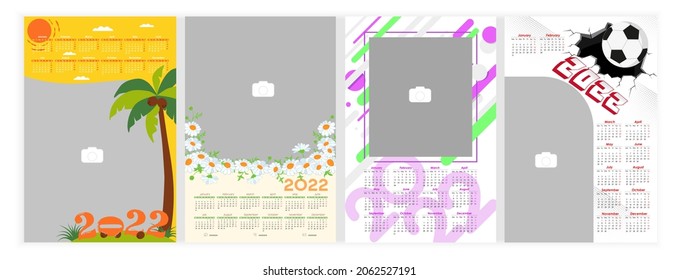 Wall Photo Calendar 2022.  Set of colorful, holiday, baby photo calendar template with cartoon characters. Calendar design 2022 year in English. Week starts from Monday. Vector illustration