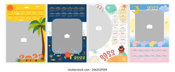 Wall Photo Calendar 2022.  Set of colorful, holiday, baby photo calendar template with cartoon characters. Calendar design 2022 year in English. Week starts from Monday. Vector illustration