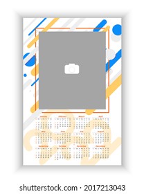 Wall Photo Calendar 2022. Simple, colorful, vertical photo calendar template. Calendar design 2022 year in English. Week starts from Sunday. Vector illustration