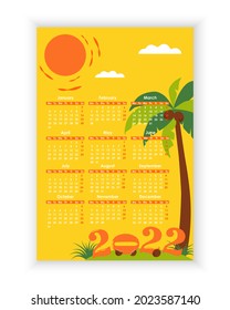 Wall Photo Calendar 2022. Simple, colorful, baby, summer holiday vertical photo calendar template. Calendar design 2022 year in English. Week starts from Monday. Vector illustration