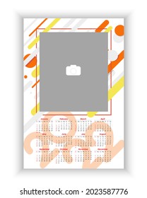 Wall Photo Calendar 2022. Simple, colorful, vertical photo calendar template. Calendar design 2022 year in English. Week starts from Sunday. Vector illustration