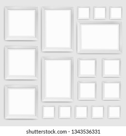 Wall picture frame templates isolated on white background. Blank photo frames with shadow and borders vector illustration. Empty frame for photo or image picture in museum. Free space for text.