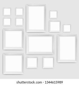 Wall picture frame templates isolated on white background. Blank photo frames with shadow and borders vector illustration. Empty frame for photo or image picture in museum. Free space for text.