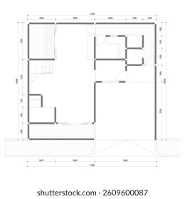 wall plan with room dimensions sketched in black and white