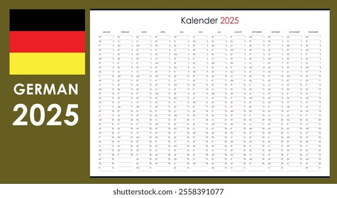 Wall planner for 2025 in German. Calendar template with blank place for notes