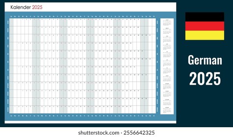 Wall planner for 2025, one page calendar in German, grid design with blank copy space