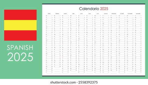 Wall planner 2025, one page annual calendar in Spanish, blank copy space
