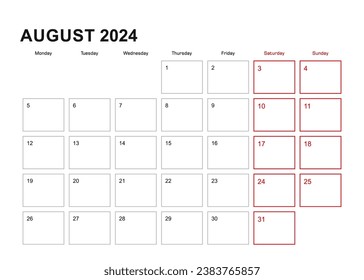 Wall planner for August 2024 in English language, week starts in Monday. Vector calendar 2024.
