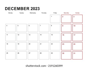 Wall planner for December 2023 in English language, week starts in Monday. Vector calendar 2023.