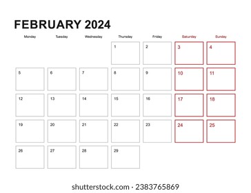 Wall-Planer für Februar 2024 in englischer Sprache, Woche beginnt am Montag. Vektorkalender 2024. Vektorkalender 2024.