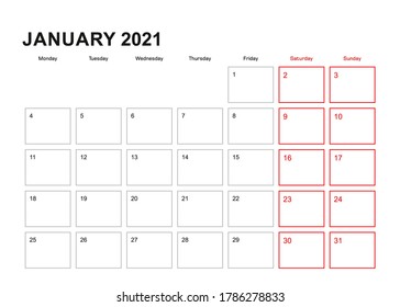 Wall planner for January 2021 in English language, week starts in Monday. Vector calendar 2021.