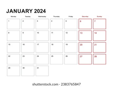 Wall planner for January 2024 in English language, week starts in Monday. Vector calendar 2024.