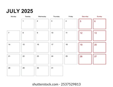 Planejador de muro para julho de 2025 em inglês, a semana começa na segunda-feira. Calendário vetorial 2025.