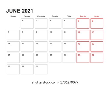 Wall planner for June 2021 in English language, week starts in Monday. Vector calendar 2021.