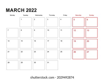Wall planner for March 2022 in English language, week starts in Monday. Vector calendar 2022.