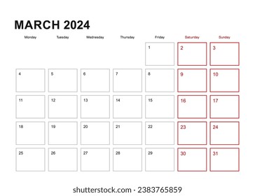 Wall planner for March 2024 in English language, week starts in Monday. Vector calendar 2024.