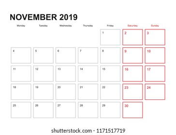 Wall planner for November 2019 in English language, week starts in Monday.