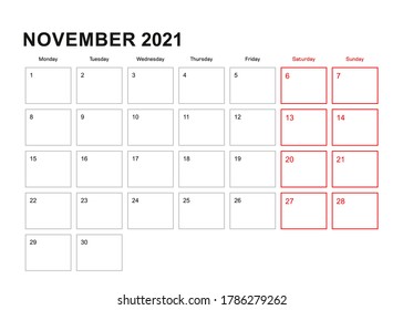 Wall planner for November 2021 in English language, week starts in Monday. Vector calendar 2021.