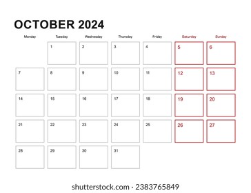Wall planner for October 2024 in English language, week starts in Monday. Vector calendar 2024.