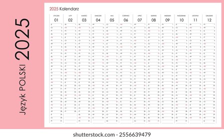 Wall planner in Polish for 2025 year, annual one page calendar or organizer with copy space for notes