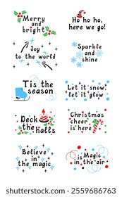 Wall poster set. Ten winter doodle lettering. Winter mood and vibe. Motivational lettering quote and holiday greetings. Inspirational handwritten phrase. Doodle illustration.