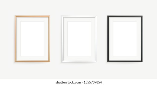 Wall posters realistic frames set. Wood, white and black image frame on the light wall with passepartou. Vector illustration.