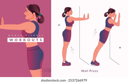 Wall press exercise, Woman workout fitness, aerobic and exercises.