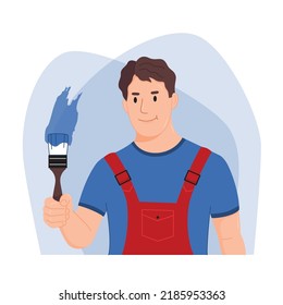 Wall protection. Man paints the walls. Repair service, painter. Vector illustration, concept, template in flat style.