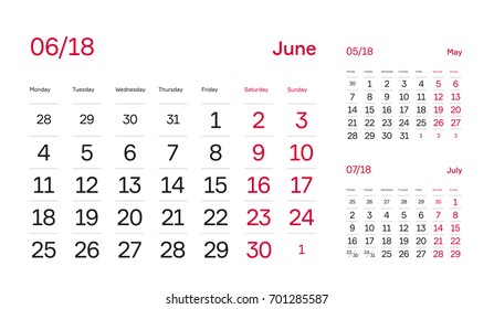 Wall Quarter Calendar 2018. Minimal and Modern Calendar Block Design. Month June 2018. Vector Template.
