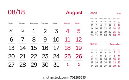 Wall Quarter Calendar 2018. Minimal and Modern Calendar Block Design. Month August 2018. Vector Template.