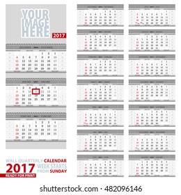 Wall quarterly calendar 2017. Week start from Sunday, ready for print. Vector Illustration.