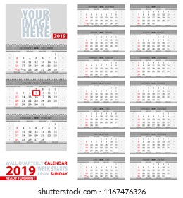 Wall quarterly calendar 2019. Week start from Sunday, ready for print. Vector Illustration.