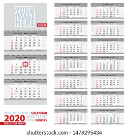 Wall quarterly calendar 2020. Week start from Sunday, ready for print. Vector Illustration.