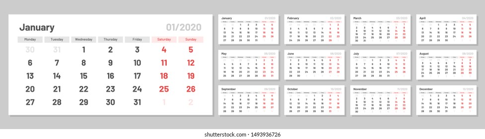 Wall quarterly calendar for 2020 year in clean minimal style. Week Starts on Monday. Set of 12 Months. Ready for print.