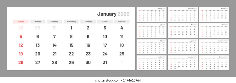 Wall quarterly calendar for 2020 year in clean minimal table simple style. Week Starts on Sunday. Ready for print.