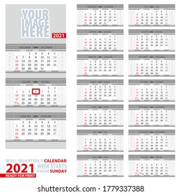 Wall quarterly calendar 2021. Week start from Sunday, ready for print. Vector Illustration.