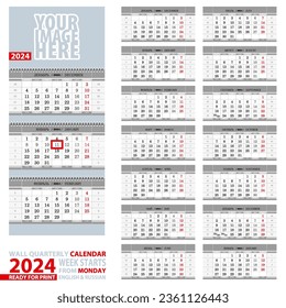 Wall quarterly calendar 2024, English and Russian language. Week start from Monday.