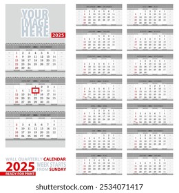 Calendário trimestral de 2025. A semana começa no domingo, pronta para impressão. Ilustração de vetor.