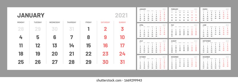 Wall quarterly calendar template for 2021 year. Planner diary in a minimalist style. Week Starts on Monday. Set of 12 Months. Ready for print.