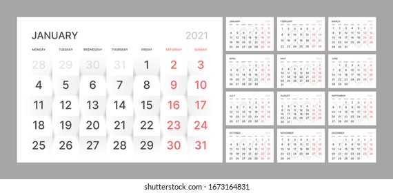 Wall Quarterly Calendar Template For 2021 Year In Clean Minimal Style. Corporate Design Planner Template. Week Starts On Monday. Set Of 12 Months. Ready For Print.