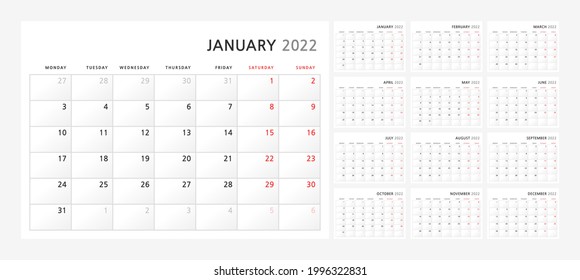 Wall quarterly calendar template for 2022 in a classic minimalist style. Week starts on Sunday. Set of 12 months. Corporate Planner Template. A4 format horizontal. Ready to print. Vector illustration