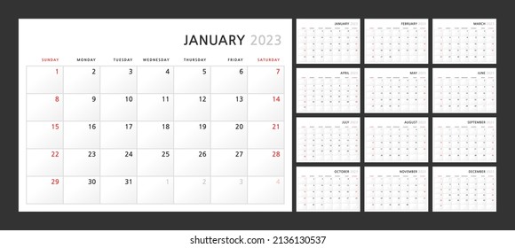 Plantilla de calendario trimestral para 2023 en un estilo minimalista clásico. La semana comienza el domingo. Conjunto de 12 meses. Plantilla de Planificador Corporativo. Formato A4 horizontal. Ilustración del vector