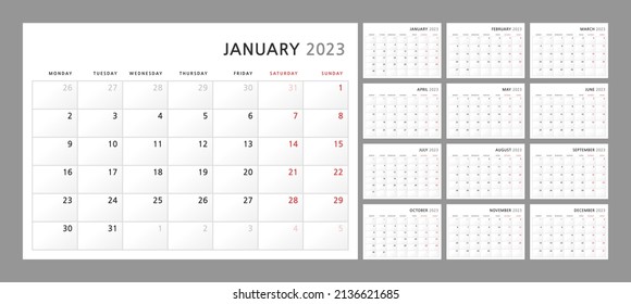 Wall quarterly calendar template for 2023 in a classic minimalist style. Week starts on Monday. Set of 12 months. Corporate Planner Template. A4 format horizontal. Vector illustration