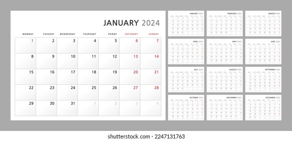 Wall quarterly calendar template for 2024 in a classic minimalist style. Week starts on Monday. Set of 12 months. Corporate Planner Template. A4 format horizontal. Vector illustration