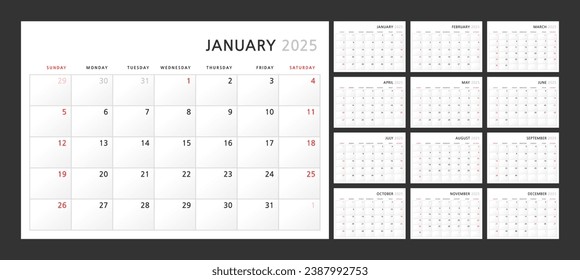 Wall quarterly calendar template for 2025 in a classic minimalist style. Week starts on Sunday. Set of 12 months. Corporate Planner Template. A4 format horizontal. Vector illustration